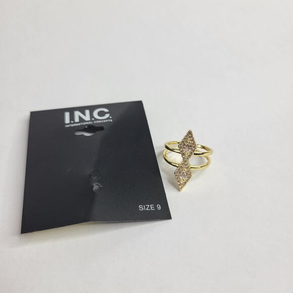 INC Gold-Tone Cubic Zirconia Triangle Double Row Ring Art Deco Vintage Size 9 - Picture 2 of 7